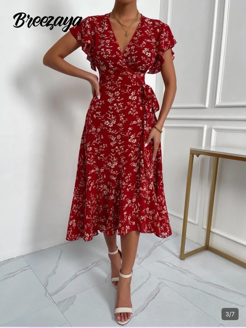 SHEIN Orangey-Red Floral Midi Wrap Dress